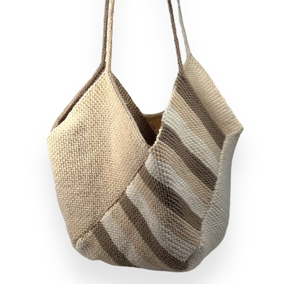 Handmade Color Block Knitted Shoulder Tote Bag Handkerchief Edge Boho Tote - Picture 4 of 10